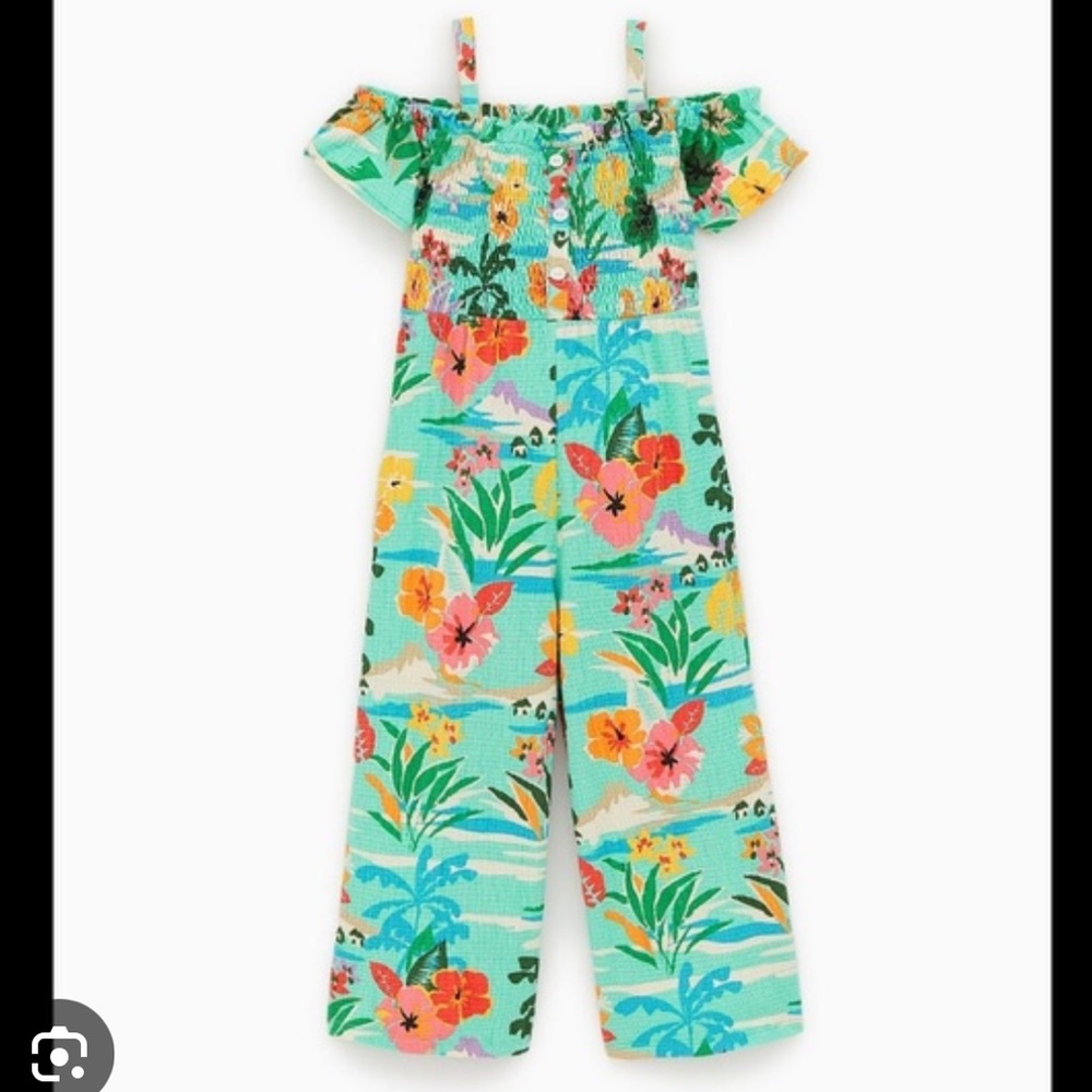 Zara girls off the shoulder jumpsuit tropical print size 8